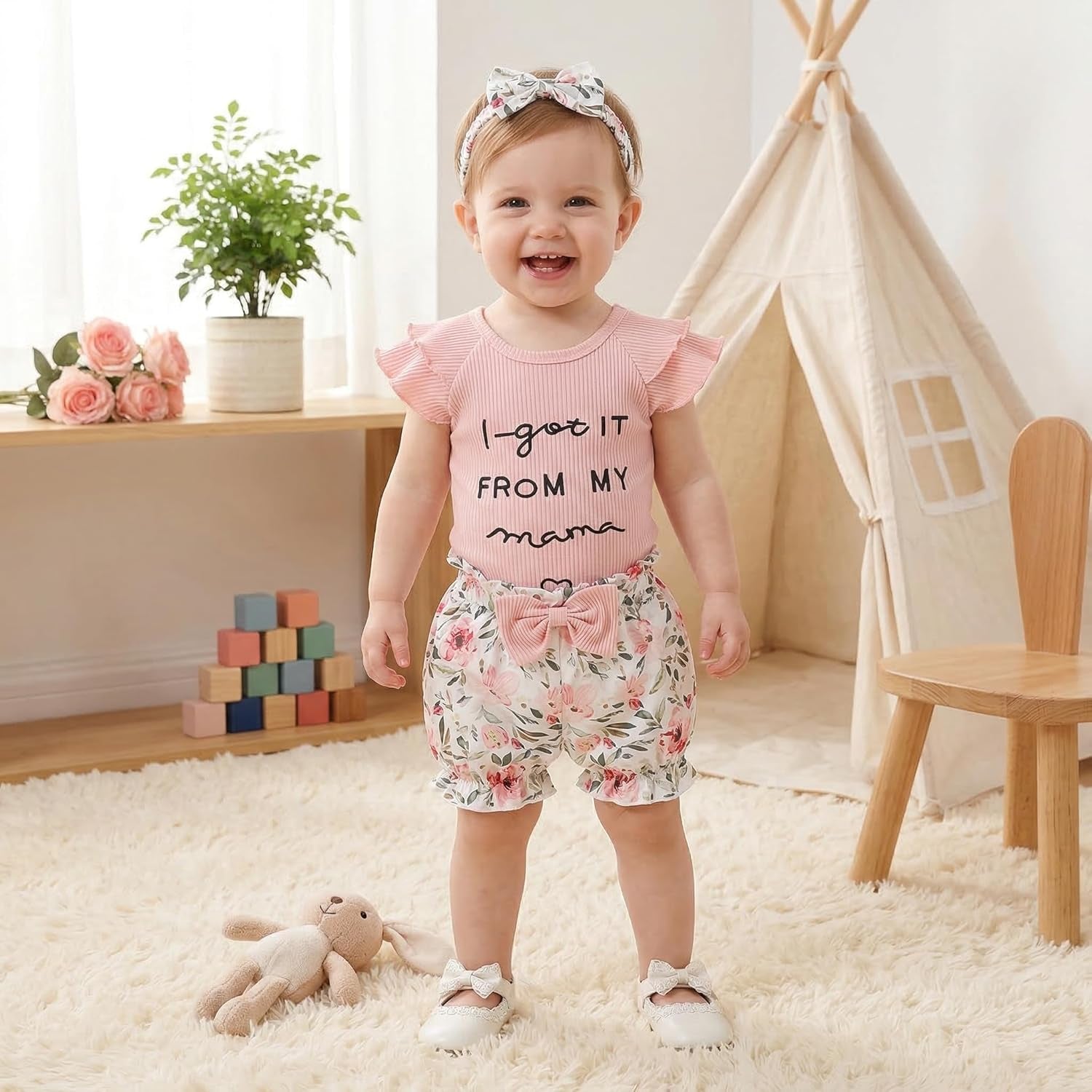 3PCS I Got It From My Mama Letter Floral Print Flounce Sleeve Baby Set