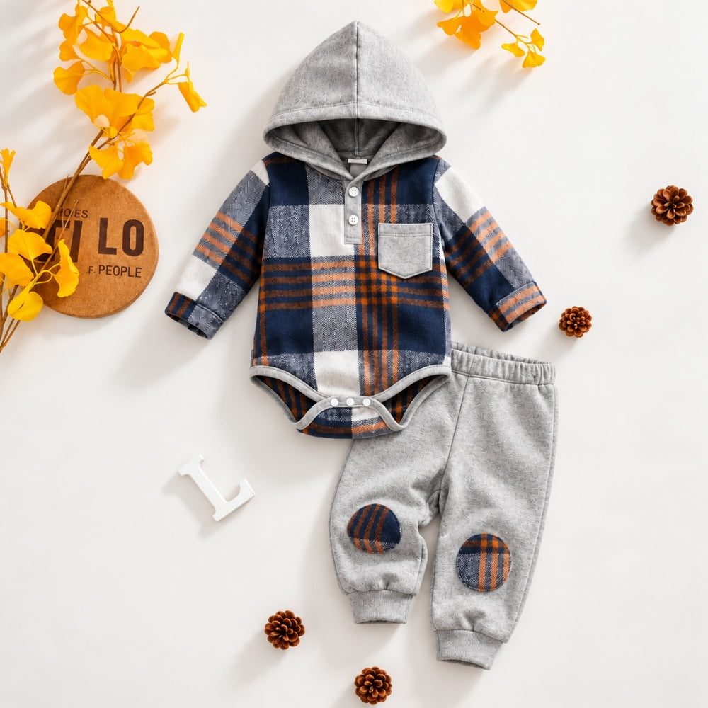 2PCS Cozy Plaid Print Long Sleeve Hoodie Baby Boy Set