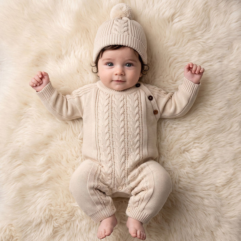 2PCS Comfy Solid Color Knitted Long Sleeve Baby Jumpsuit