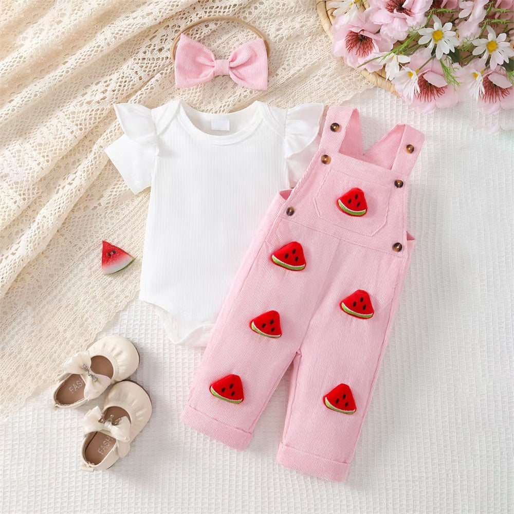 3PCS Cute Watermelon Decoration Short Sleeve Baby Overalls Set