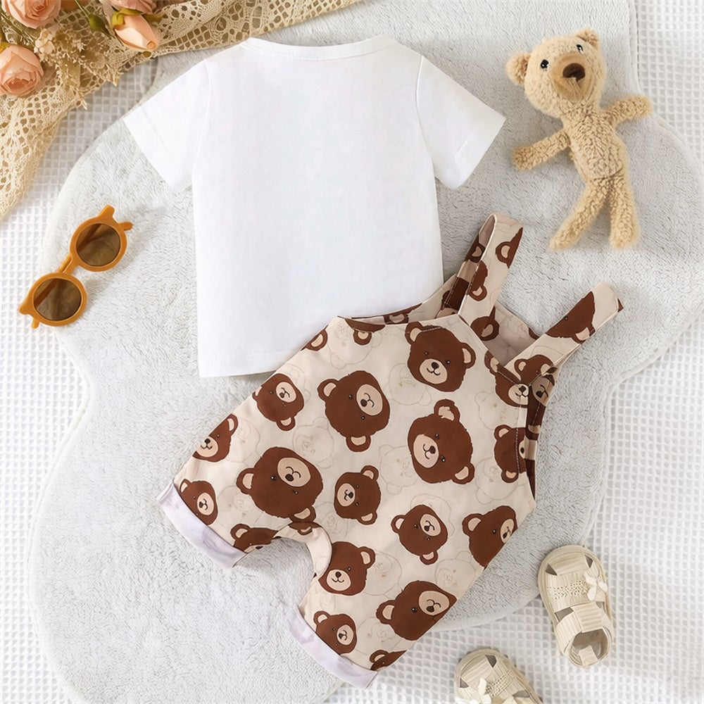 2PCS Cute Cartoon Bear Printed Short Sleeve Baby Overalls Set