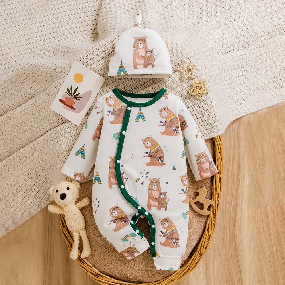 2PCS Adorable Bear Printed Long Sleeve Baby Boy Jumpsuit