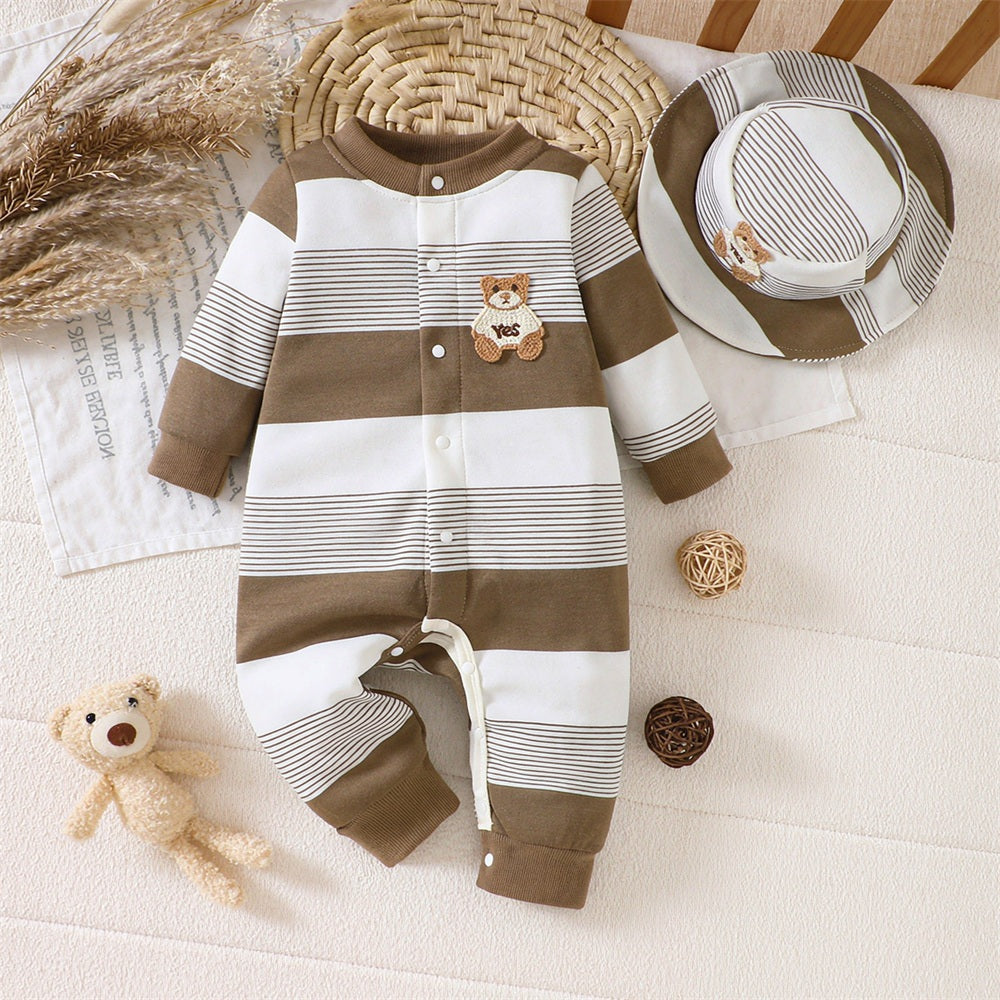 2PCS Timeless Bear Applique Stripe Printed Long Sleeve Baby Jumpsuit