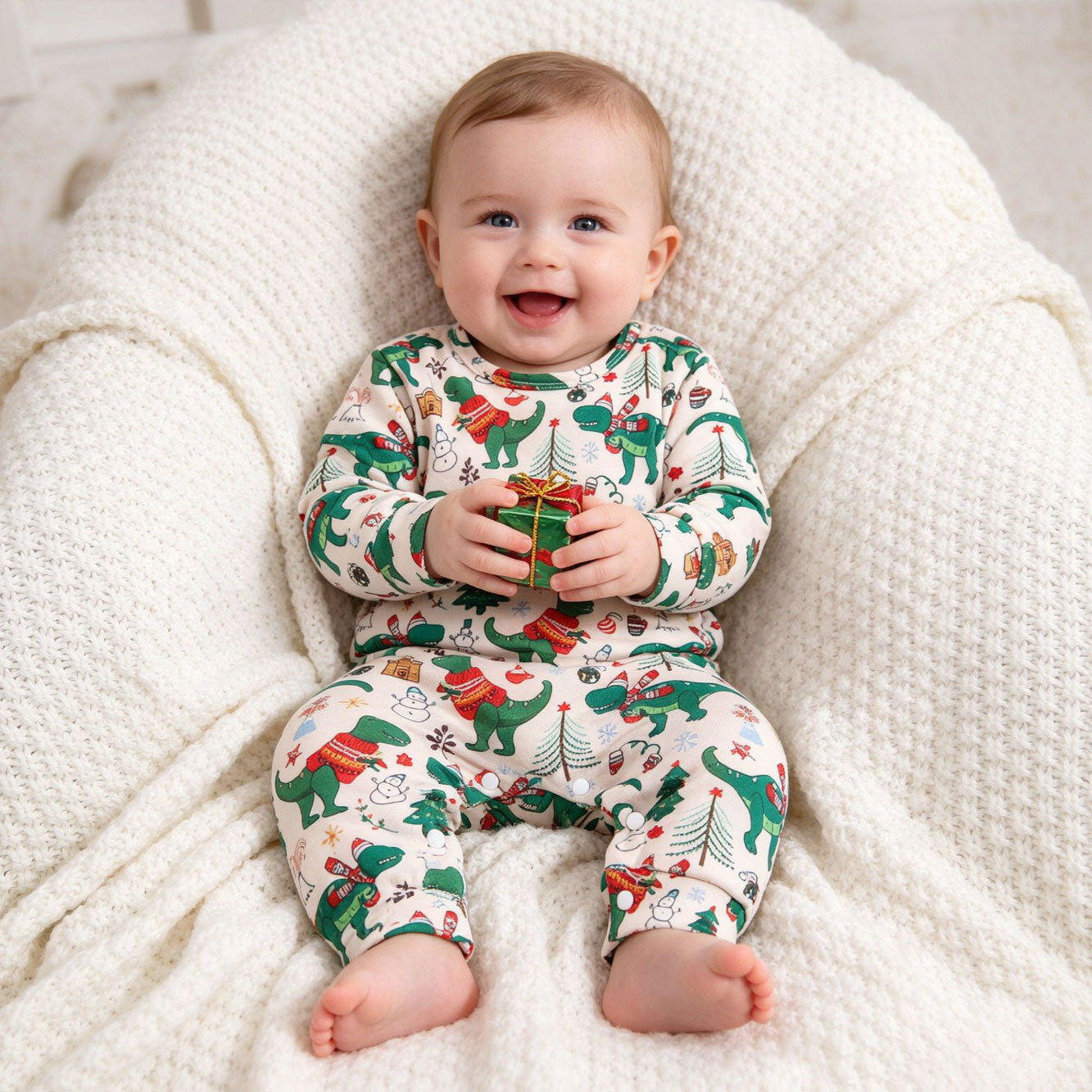 Lovely Christmas Dinosaur Print Long Sleeve Baby Jumpsuit