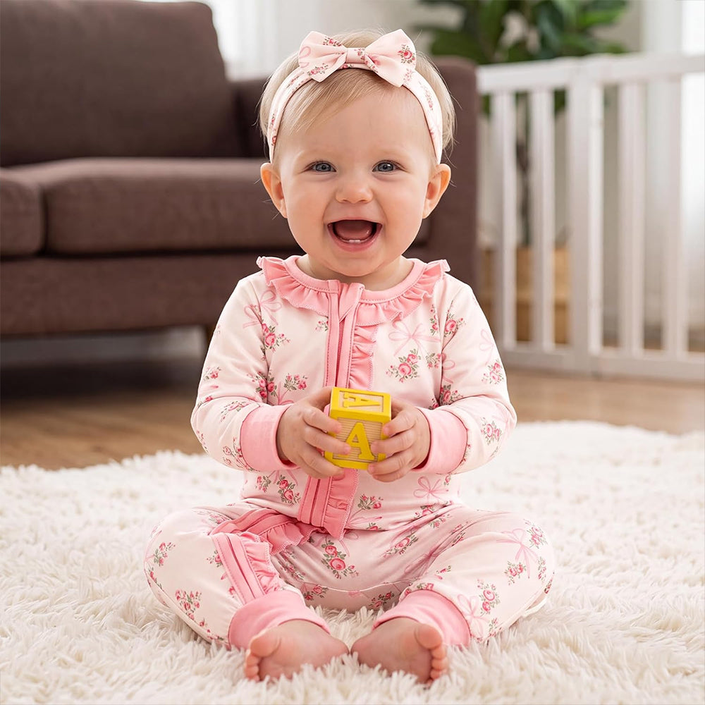 3PCS Delightful Bow Floral Printed Ruffle Zipper Long Sleeve Baby Jumpsuit