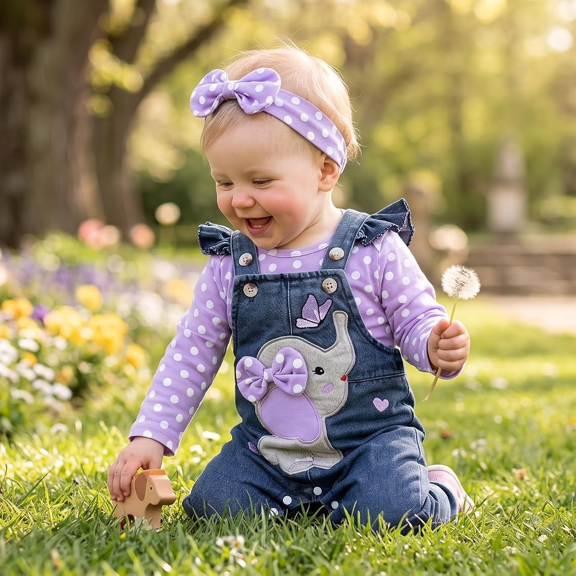 3PCS Sweet Polka Dots Print Elephant Embroidery Baby Overalls Set