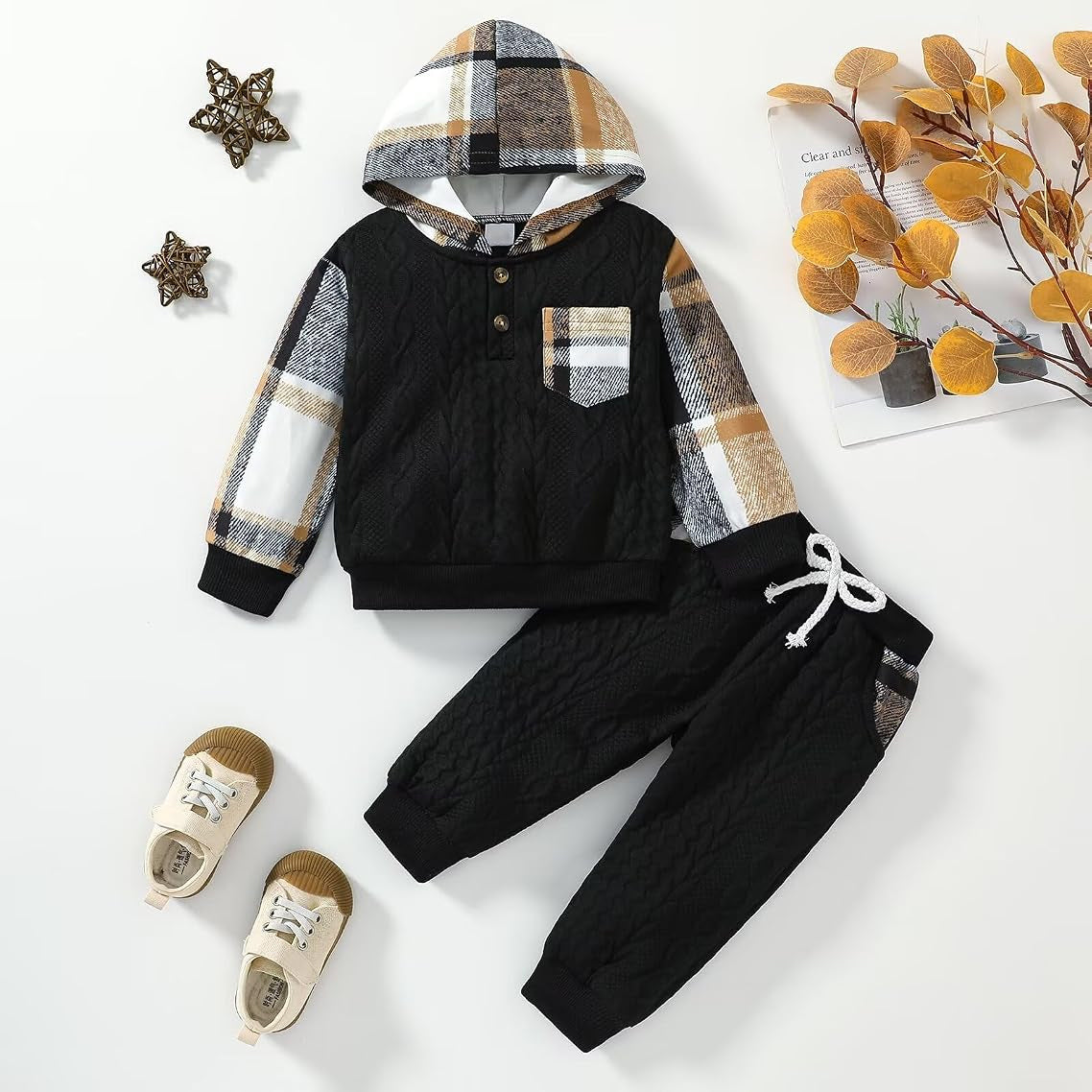 2PCS Chic Plaid Print Long Sleeve Hoodie Baby Boy Set