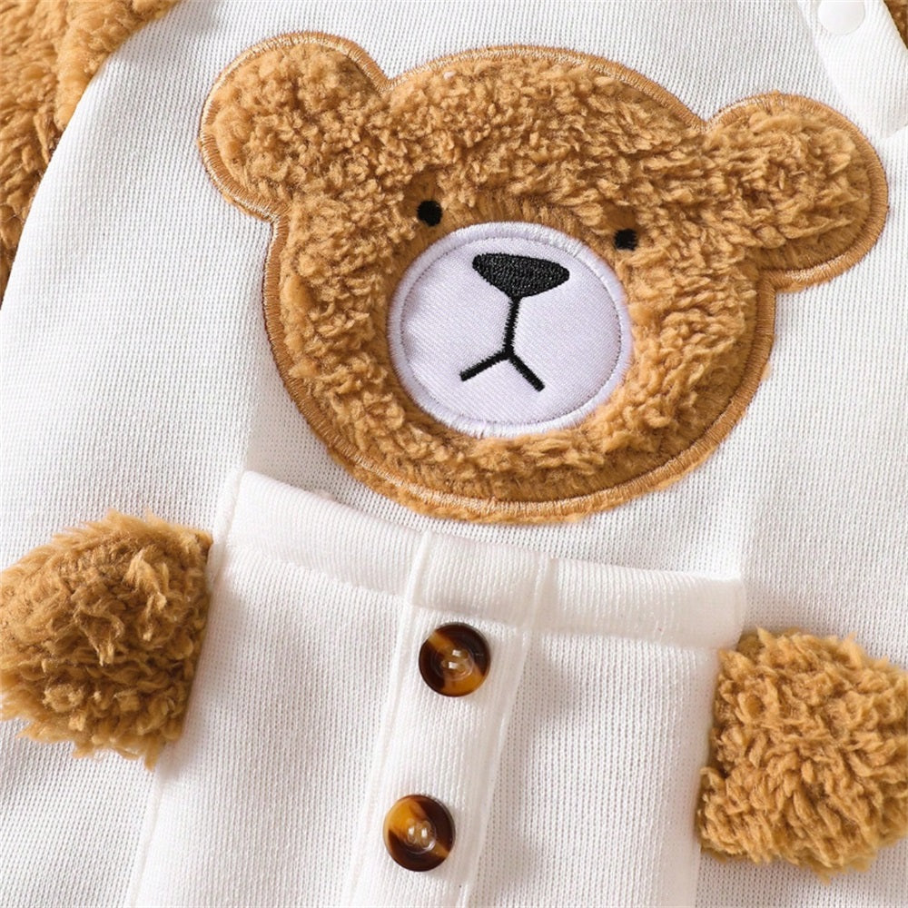 2PCS Cute Plush Bear Print Long Sleeve Baby Jumpsuit