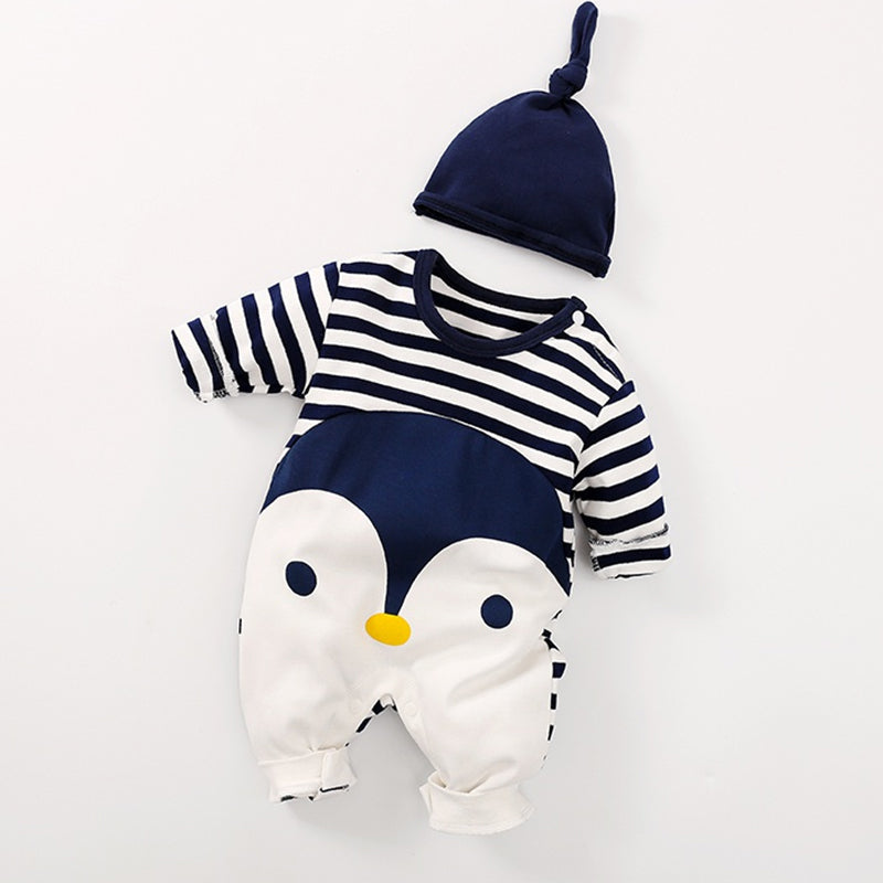 Striped Penguin Print Jumpsuit and Hat