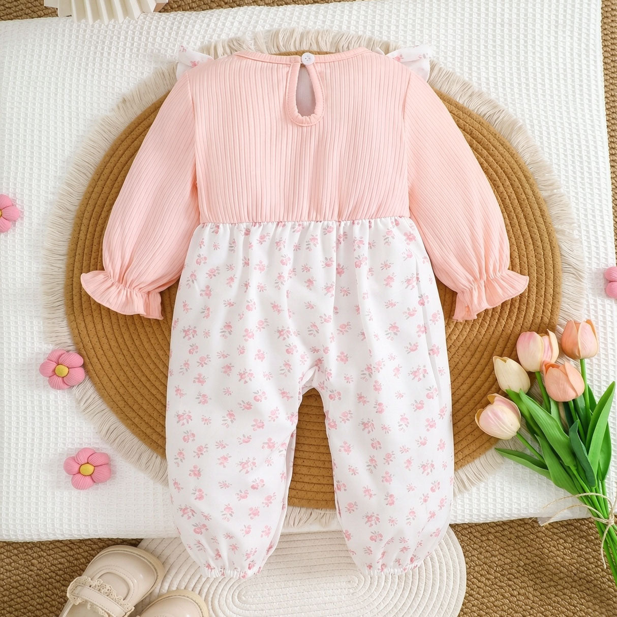Chic Fake Two-Piece Floral Printed Ruffle Long Sleeve Baby Jumpsuit