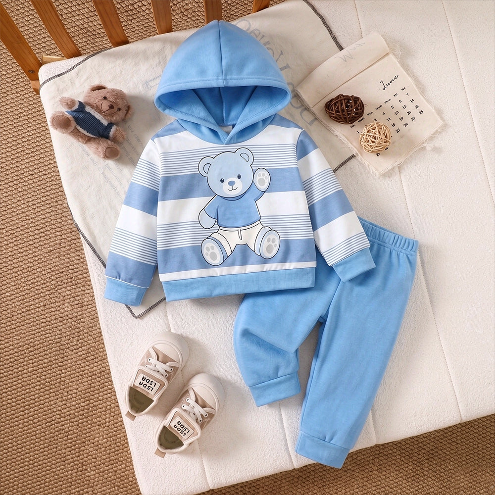 2PCS Cute Bear Stripe Print Long Sleeve Hoodie Baby Set