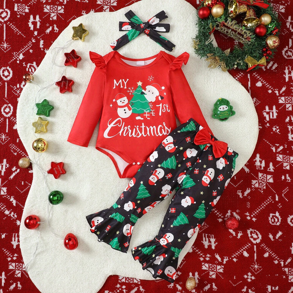 3PCS Pretty My 1st Christmas Trees Letter Santa Claus Printed Baby Set