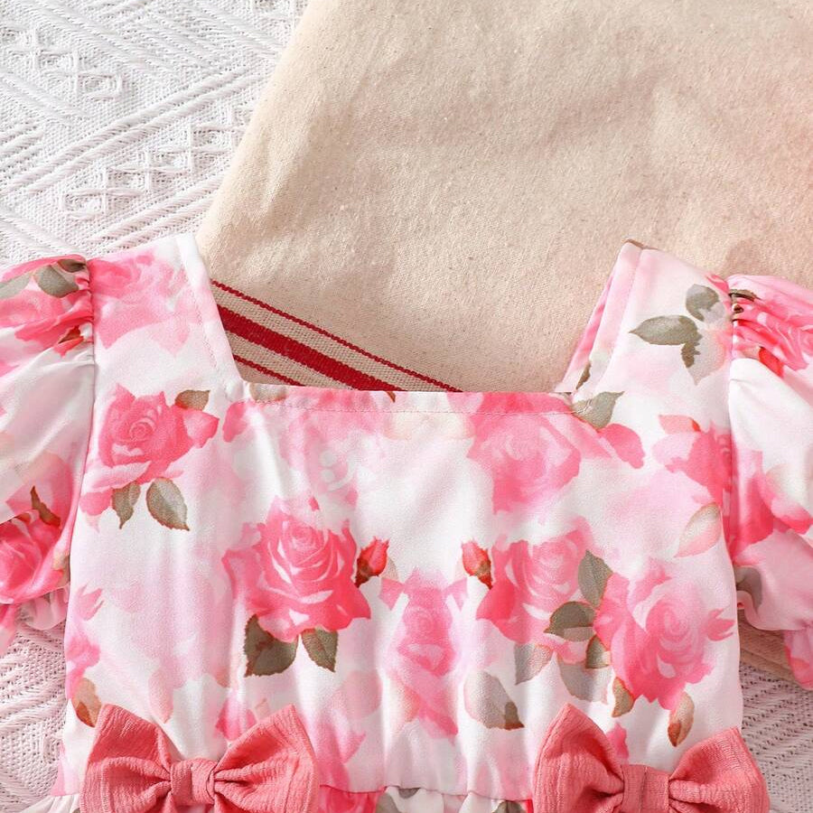 2PCS Vibrant Floral Print Bow Short Sleeve Baby Romper
