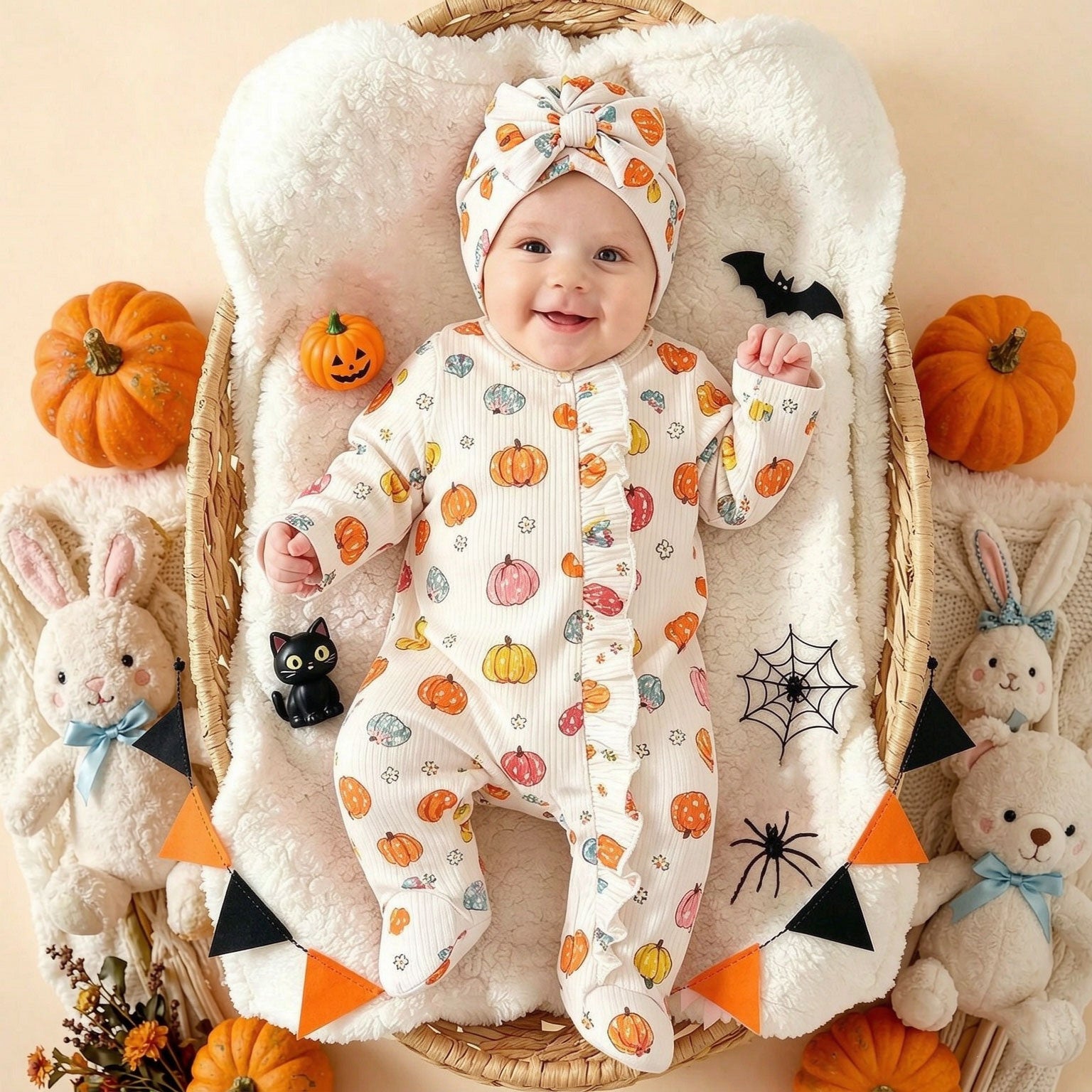 2PCS Halloween Pumpkin and Floral Printed Long Sleeve Zipper Baby Jumpsuit