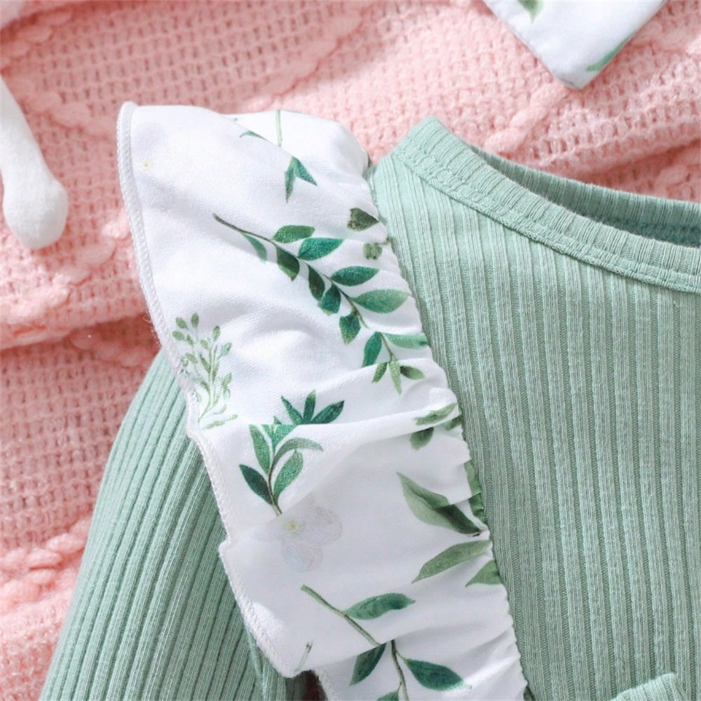 2PCS Leaf Allover Print Long Sleeve Baby Jumpsuit