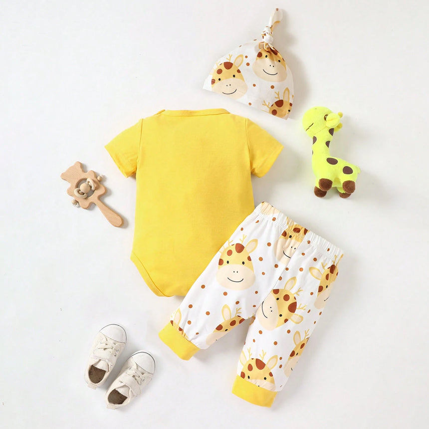 3PCS Adorable Giraffe Print Short Sleeve Baby Set