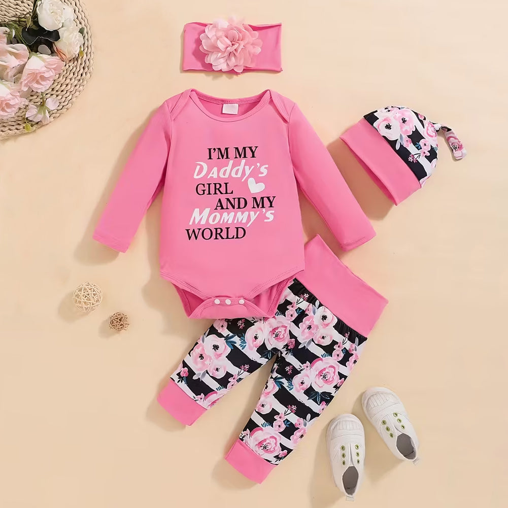 4PCS Daddy's Girl Mommy's World Letter Floral Stripe Printed Baby Set