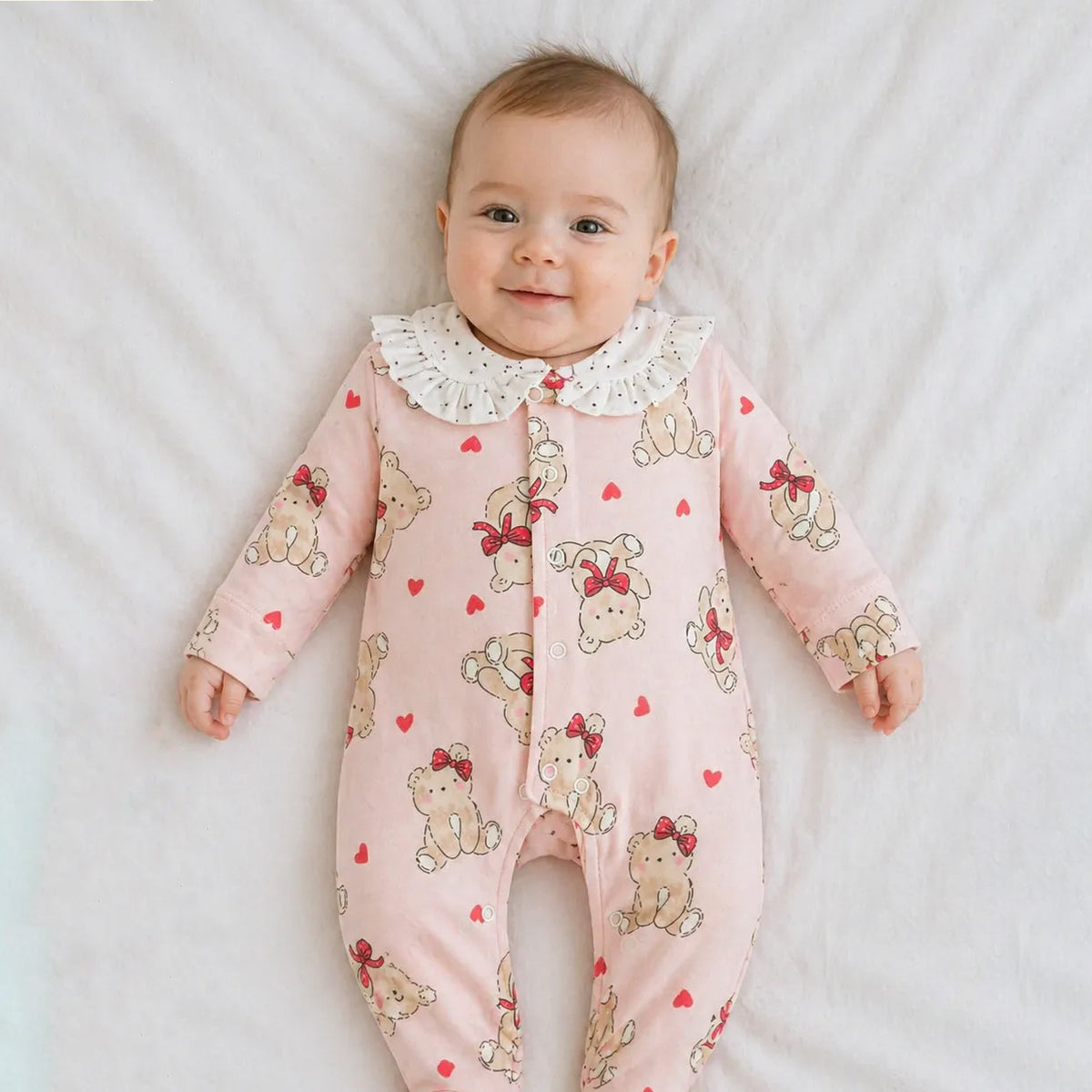 Lively Teddy Bear Heart Print Long Sleeve Baby Girl Jumpsuit