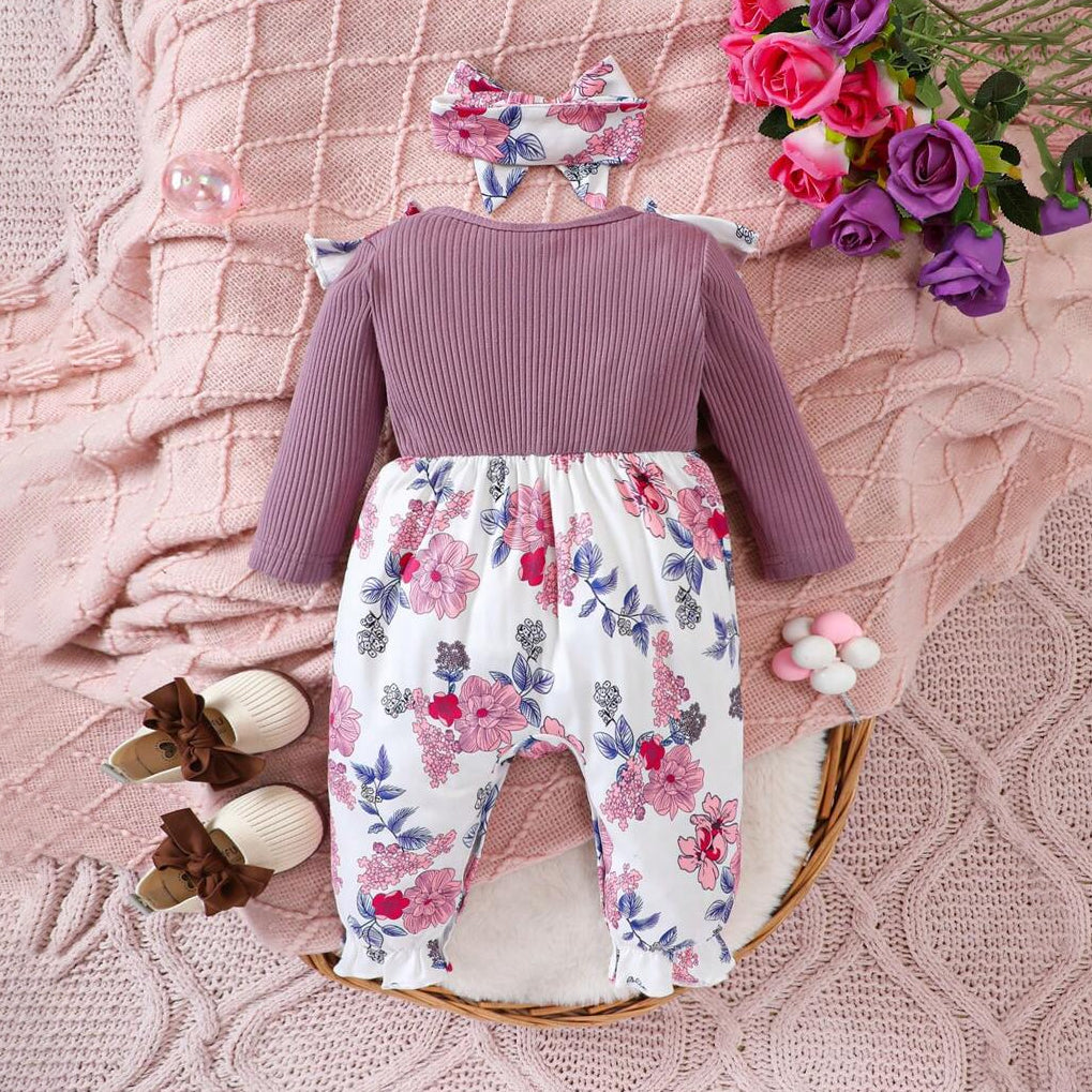 2PCS Grace Floral Print Bow Long Sleeve Baby Jumpsuit