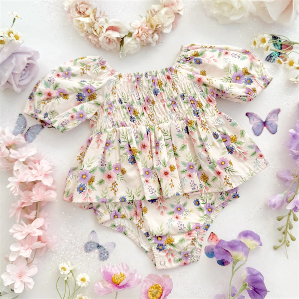 2PCS Pretty Floral Printed Short Sleeve Baby Romper
