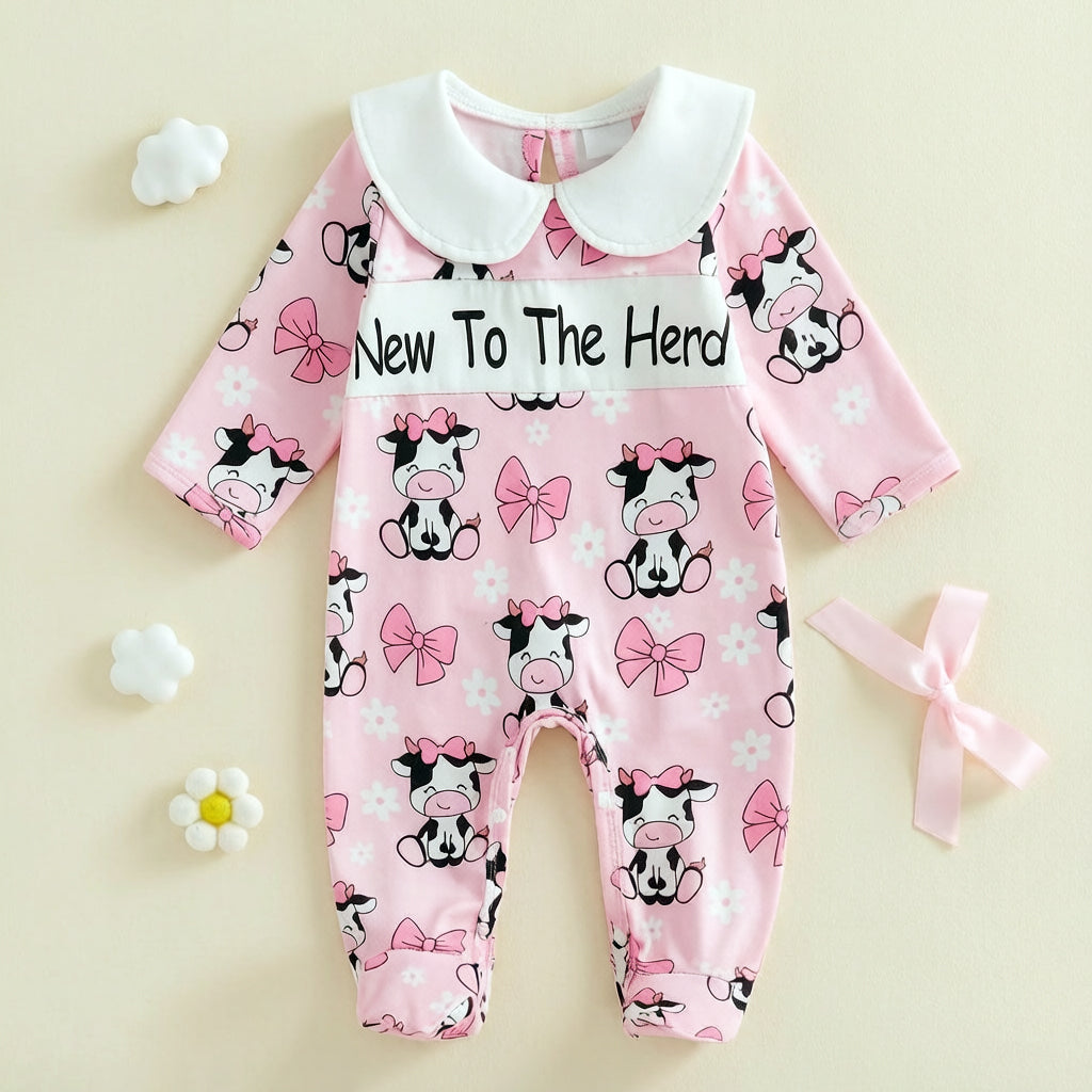 Lovely New To The Hero Letter Cow Printed Long Sleeve Baby Jumpsuit