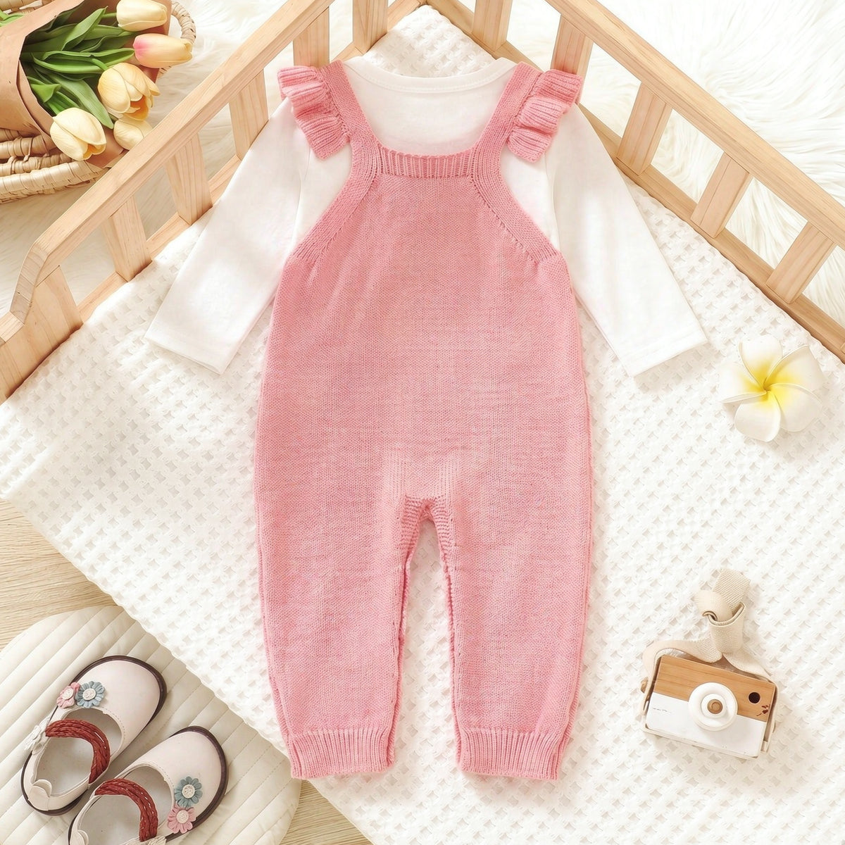 2PCS Grace Floral Embroidered Long Sleeve Knit Baby Girl Overalls Set