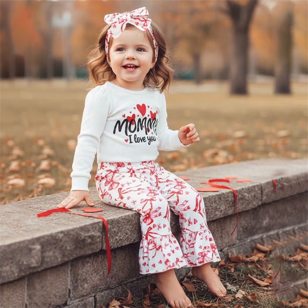3PCS Mommy Love You Letter Bow Print Long Sleeve Baby Set
