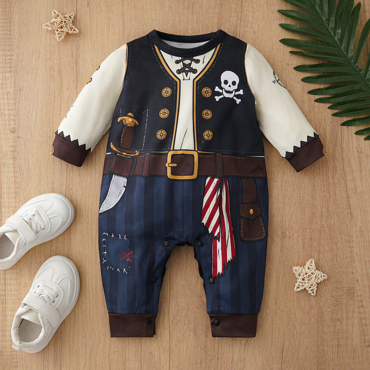 Stylish Halloween Pirate Theme Printed Long Sleeve Baby Jumpsuit