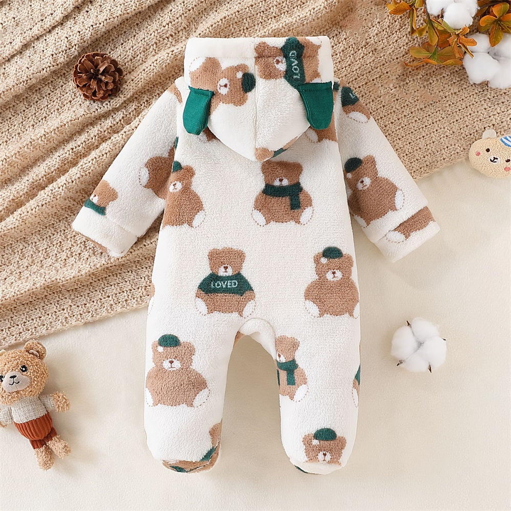 Plush Bear Print Long Sleeve Plush Hooded Jumpsuit
