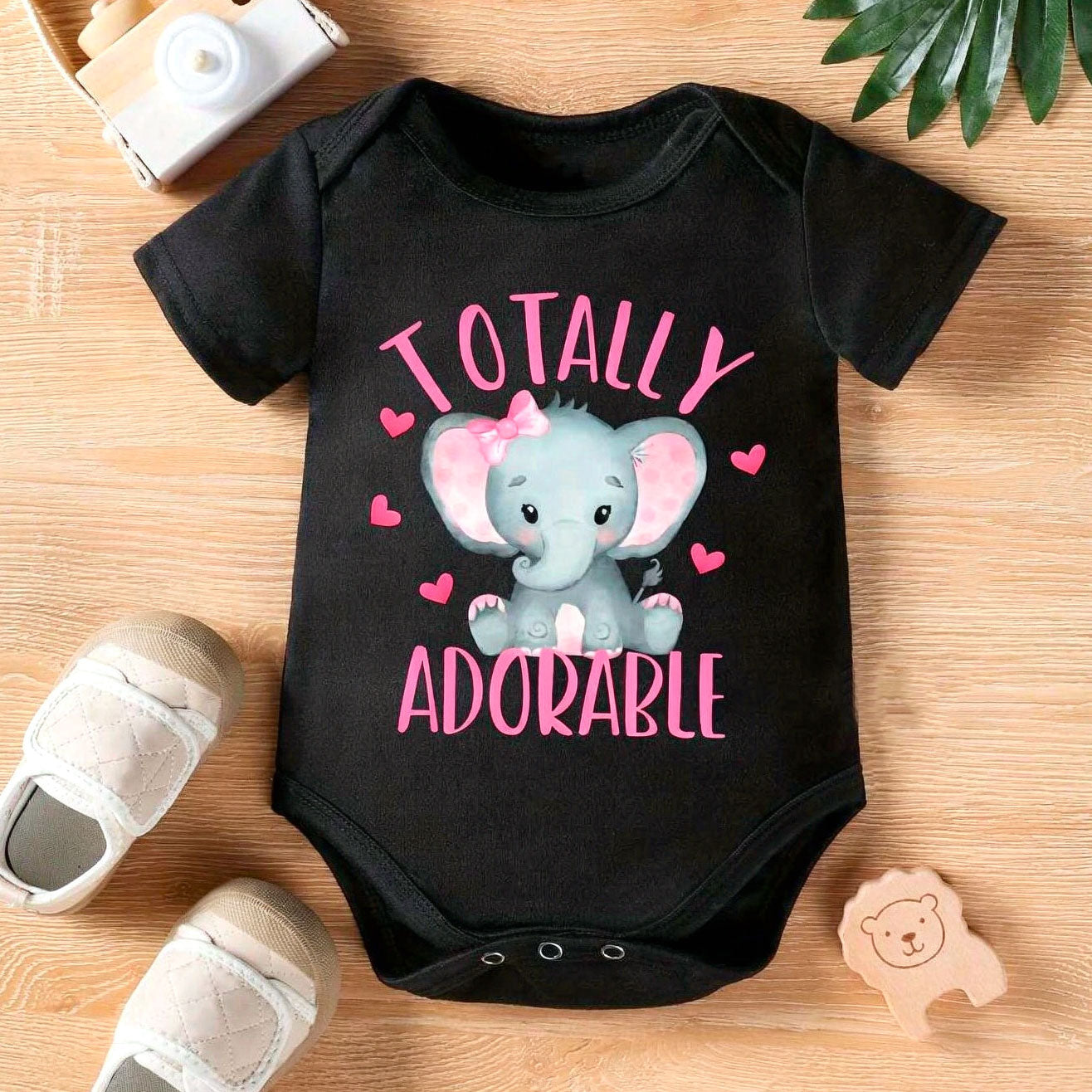 Totally Adorable Letter Elephant Printed Short Sleeve Baby Romper