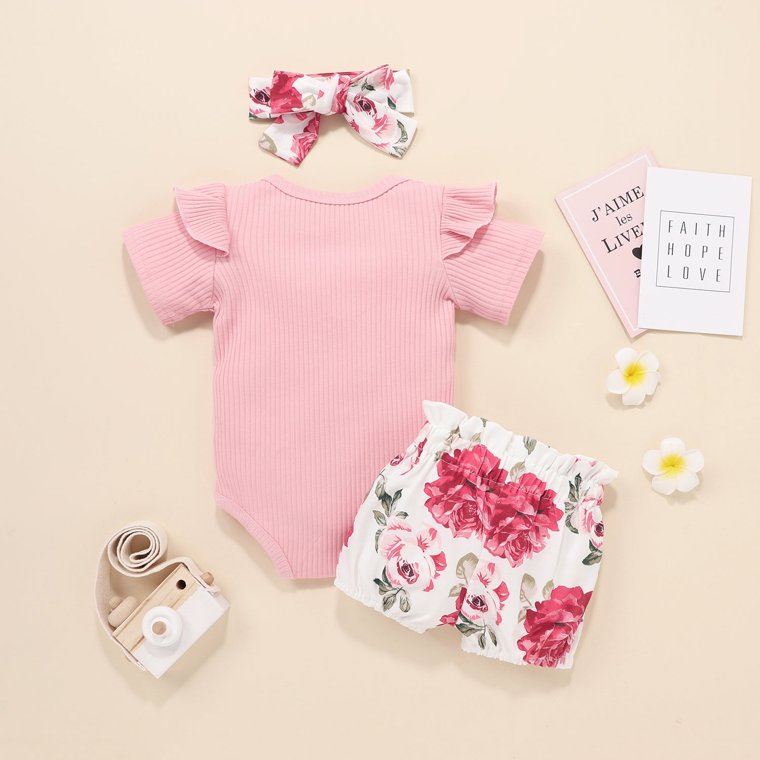 3PCS Solid Color Romper And Floral Printed Shorts Baby Set