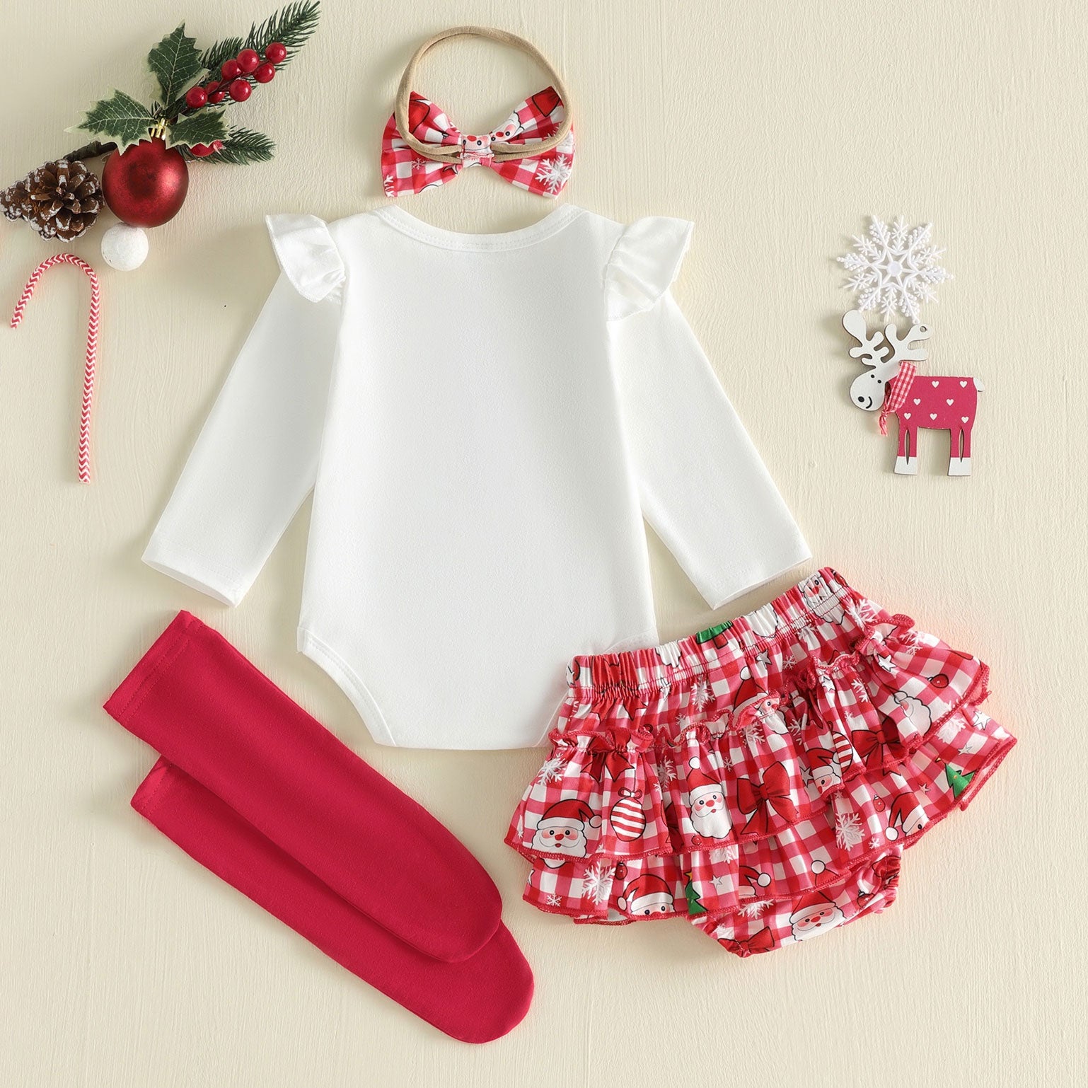 4PCS My First Christmas Letter Plaid Santa Claus Print Baby Set