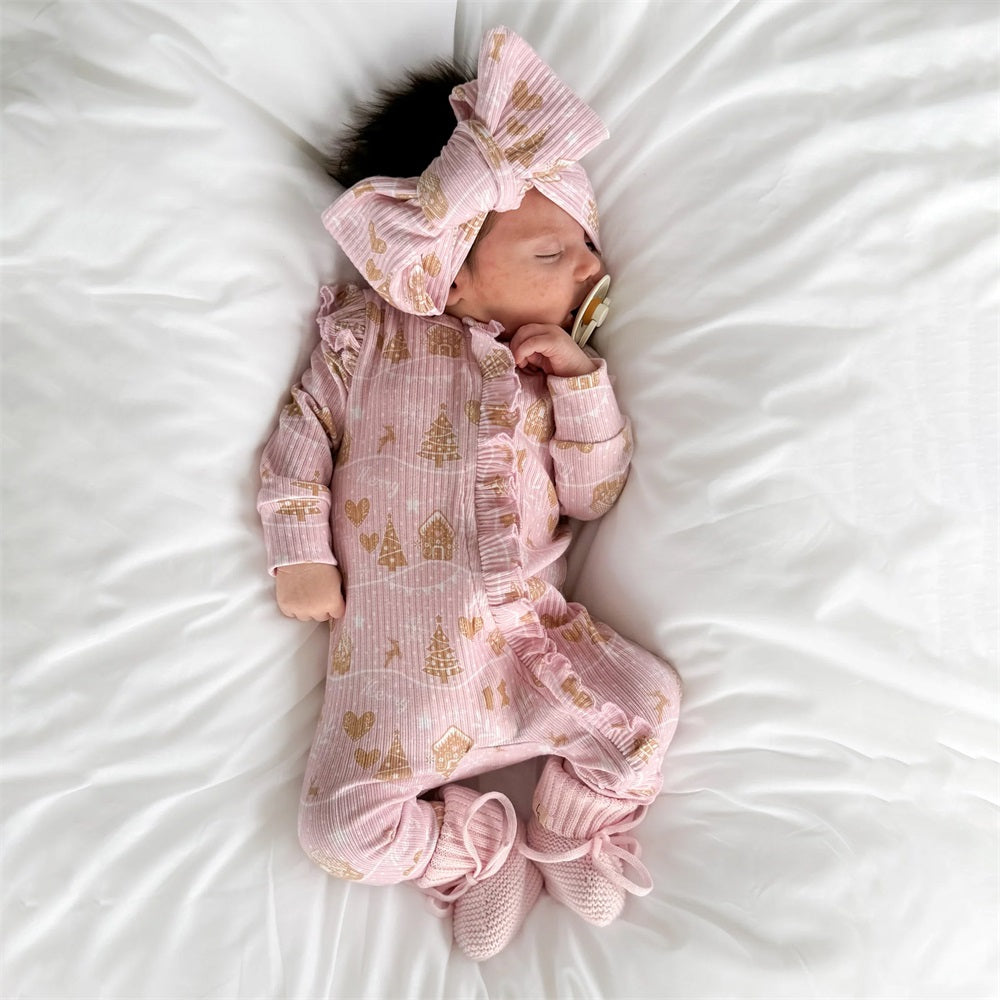 2PCS Cozy Christmas Tree Frilly Zip Long Sleeve Baby Jumpsuit