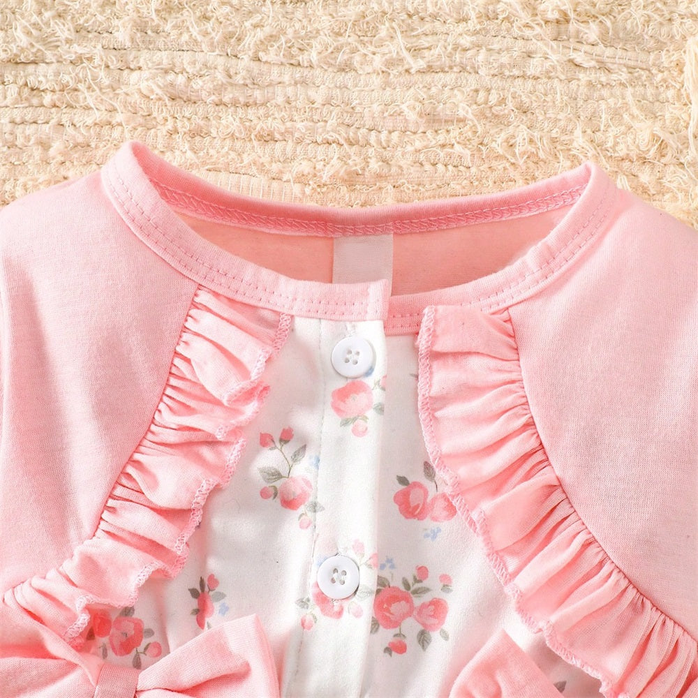 2PCS Sweet Floral Print Bow Decoration Baby Jumpsuit