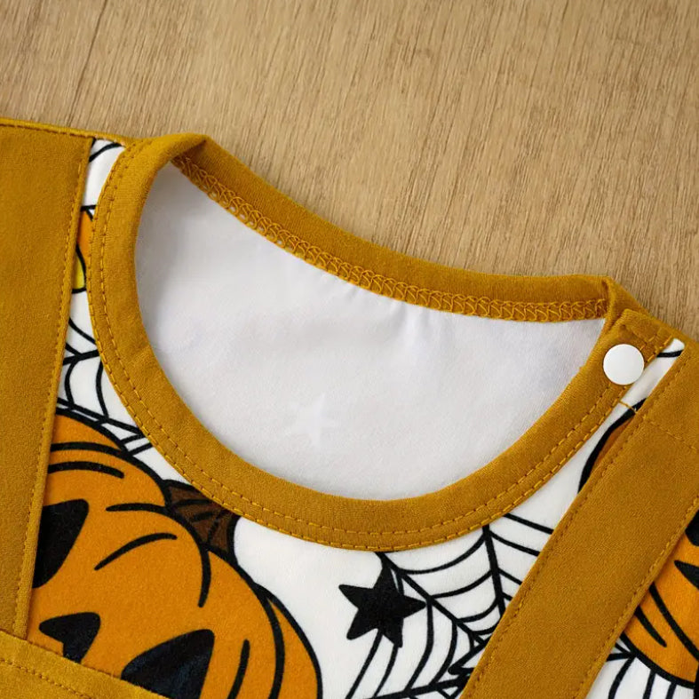 Faux Layer Pumpkin and Ghost Print Long Sleeve Baby Jumpsuit