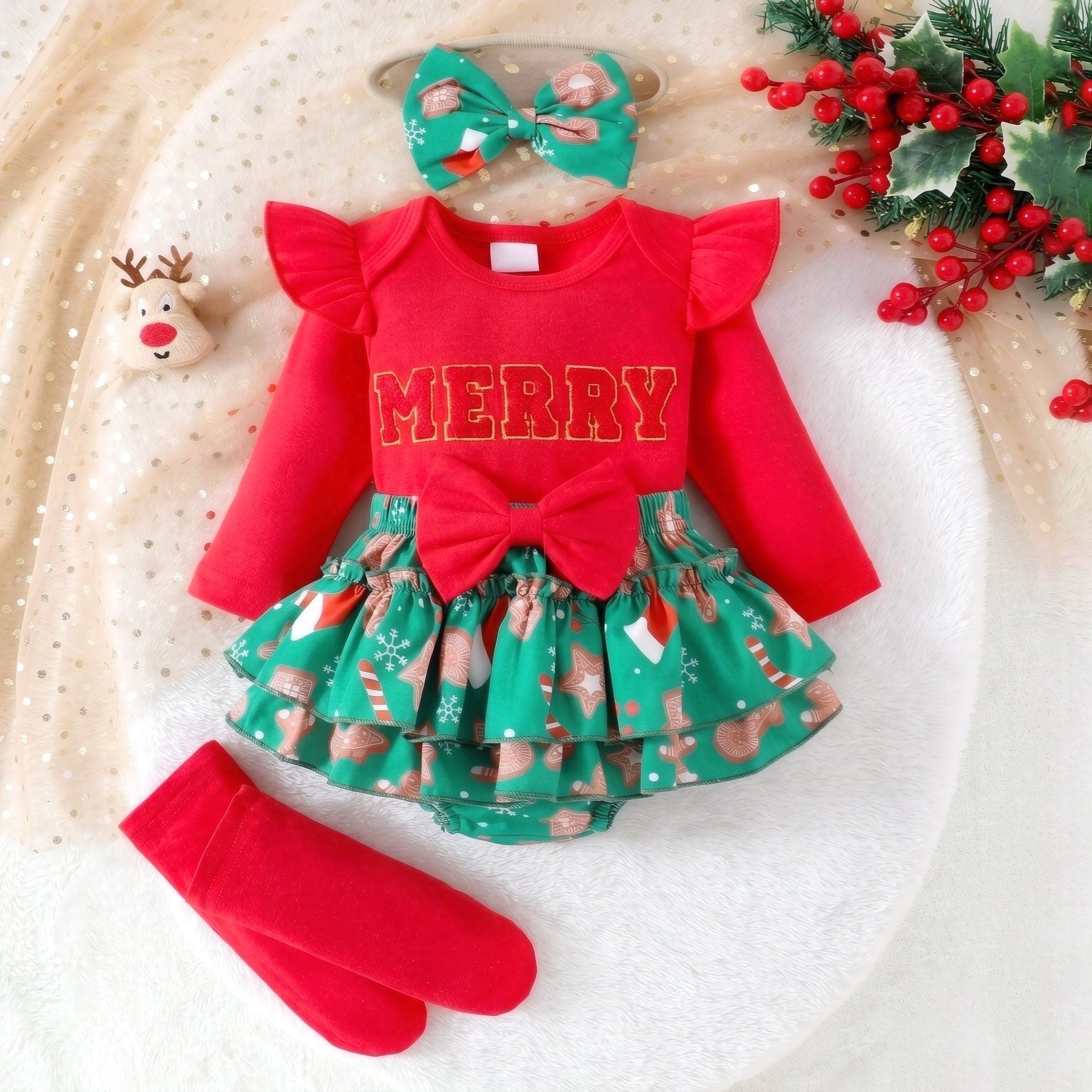 3PCS Merry Christmas Element Printed Long Sleeve Baby Romper