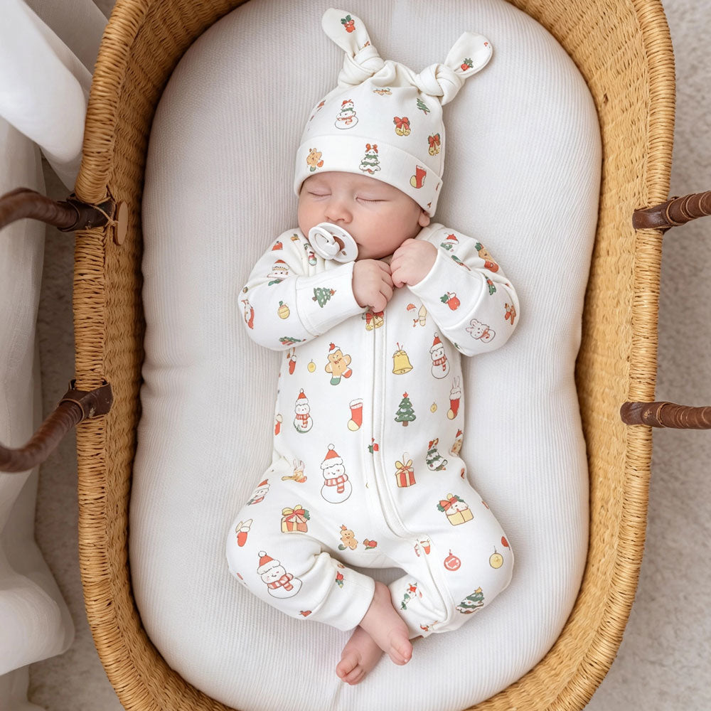 2PCS Timeless Christmas Elements Print Zipper Long Sleeve Baby Jumpsuit