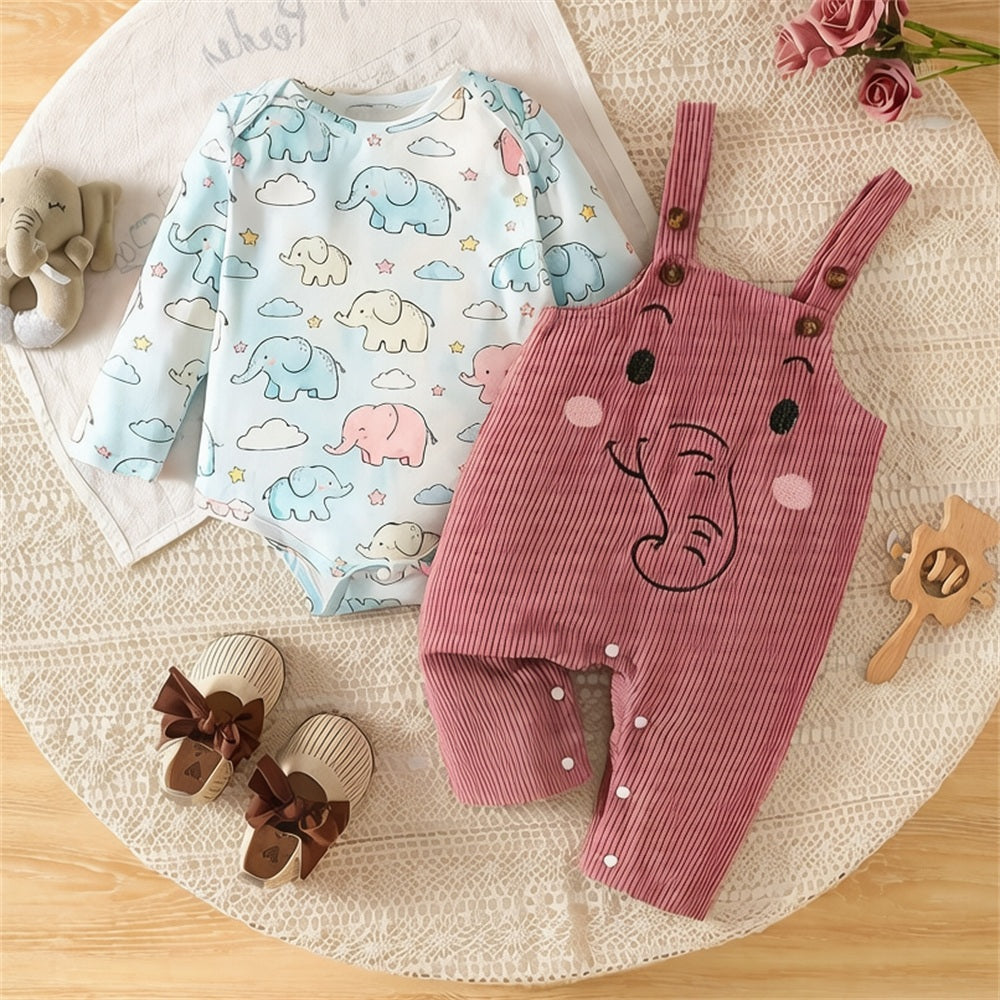 2PCS Pretty Elephant Print Long Sleeve Baby Set