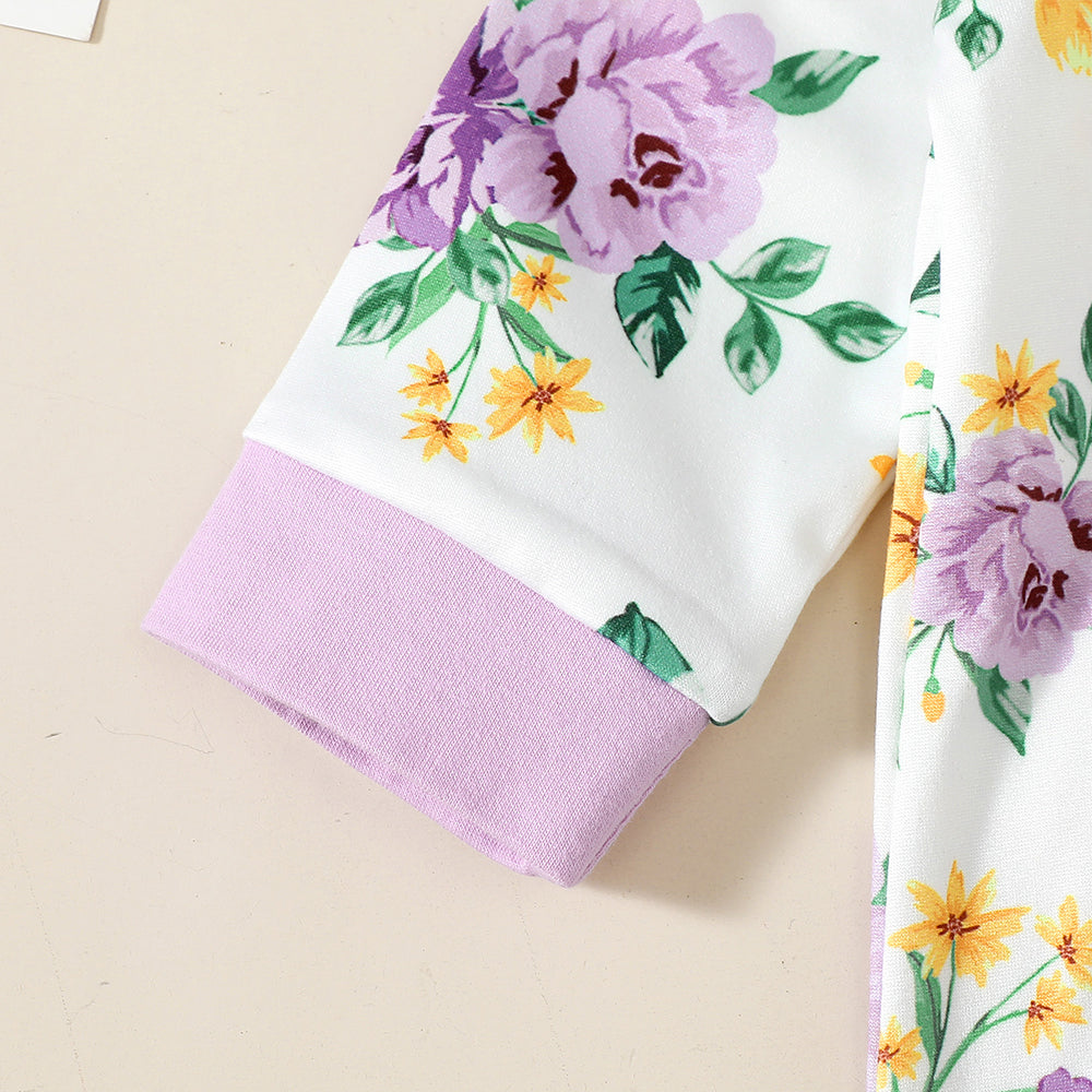 3PCS Charming Floral Print Bow Long Sleeve Baby Jumpsuit
