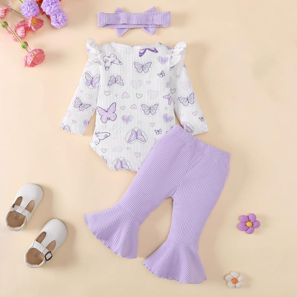 3PCS Lovely Butterfly Print Bowknot Long Sleeve Baby Girl Set