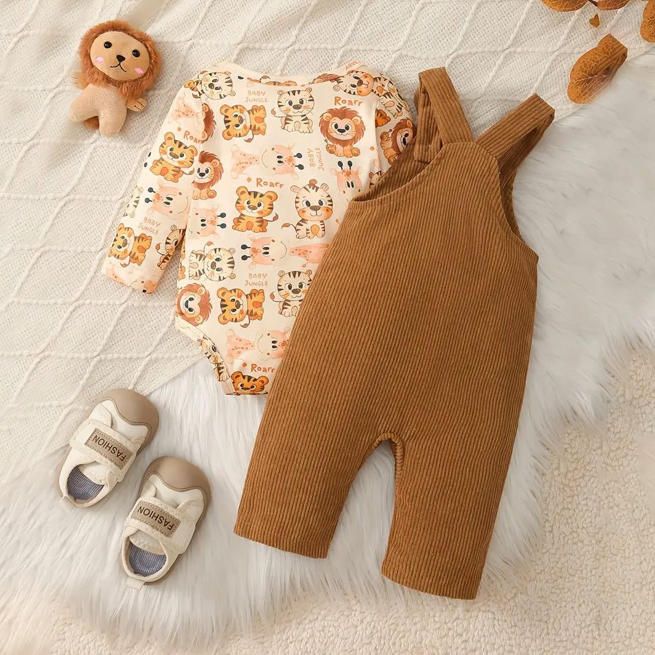 2PCS Cute Animal Print Long Sleeve Baby Overalls Set