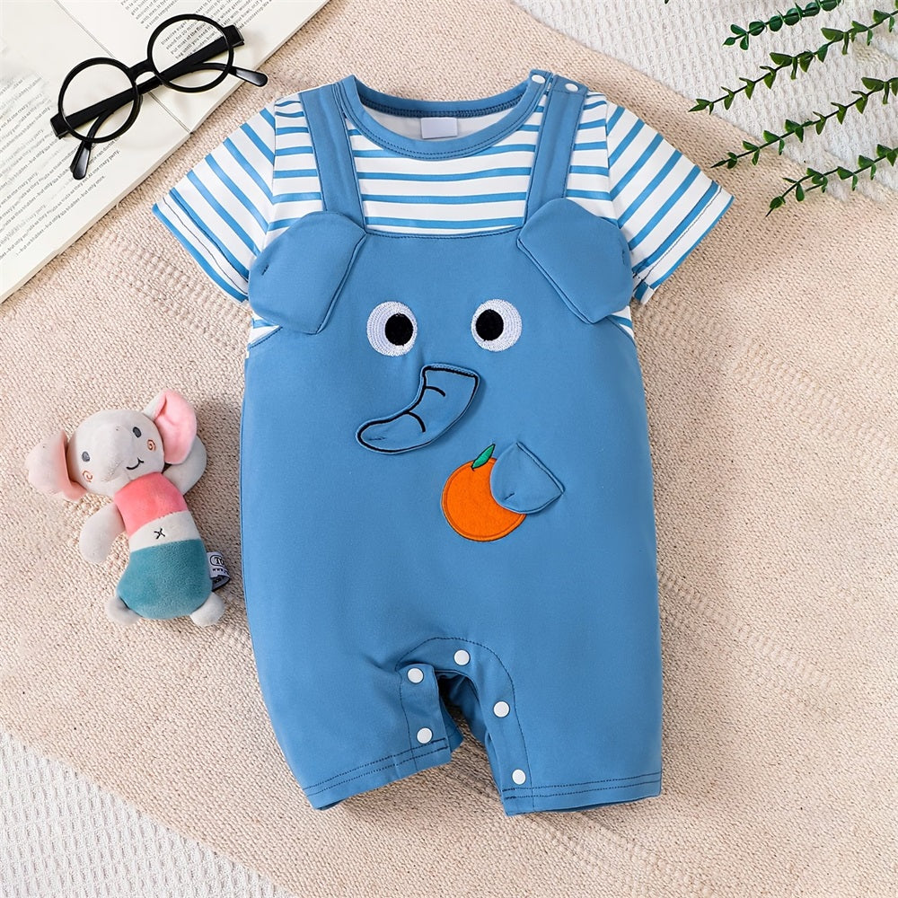 Summer Elephant Printed Striped Short Sleeve Baby Jumpsuit