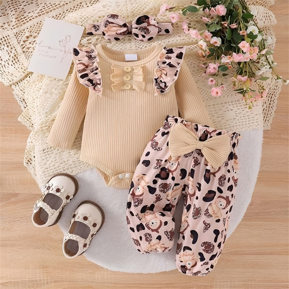 3PCS Lovely Bear Print Ruffle Long Sleeve Baby Set