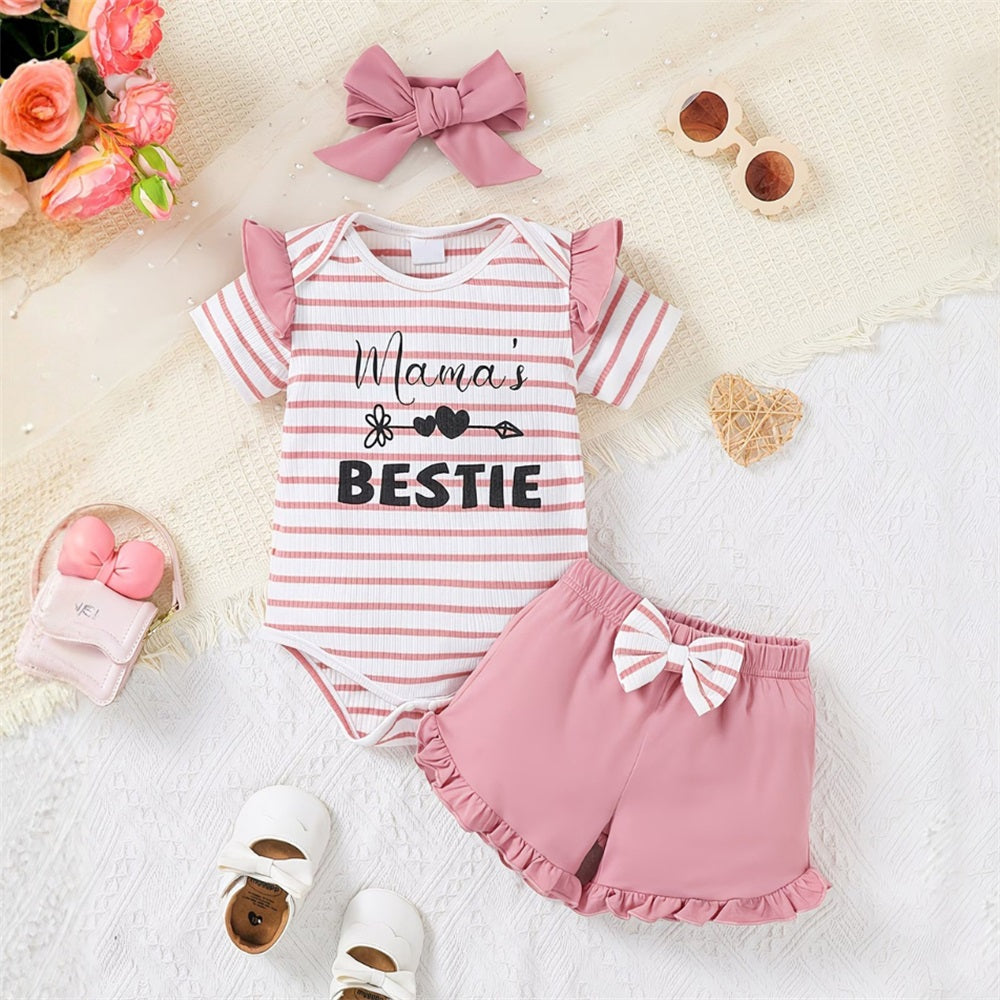 3PCS Mama's Bestie Letter Printed Plaid Short Sleeve Baby Set