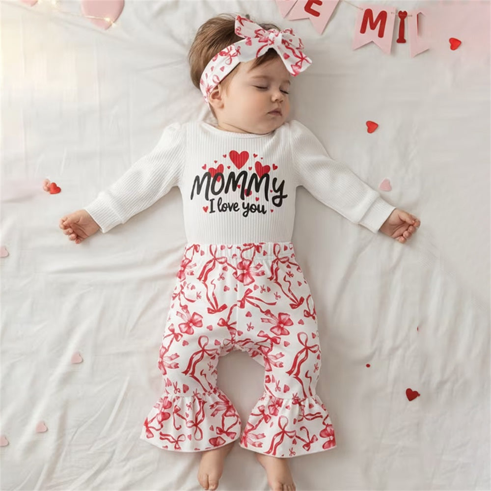 3PCS Mommy Love You Letter Bow Print Long Sleeve Baby Set