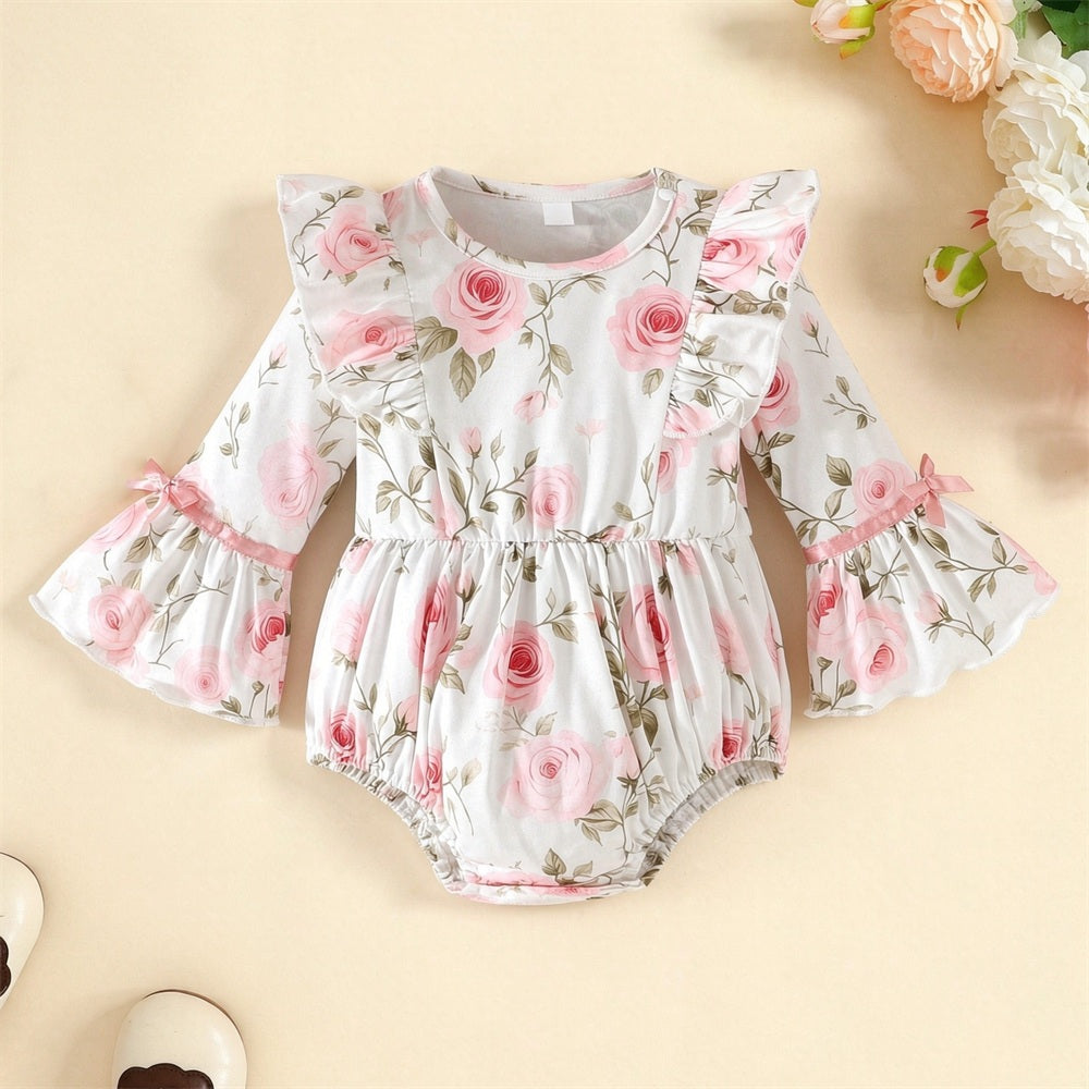 Adorable Floral Printed Long Sleeve Baby Girl Romper