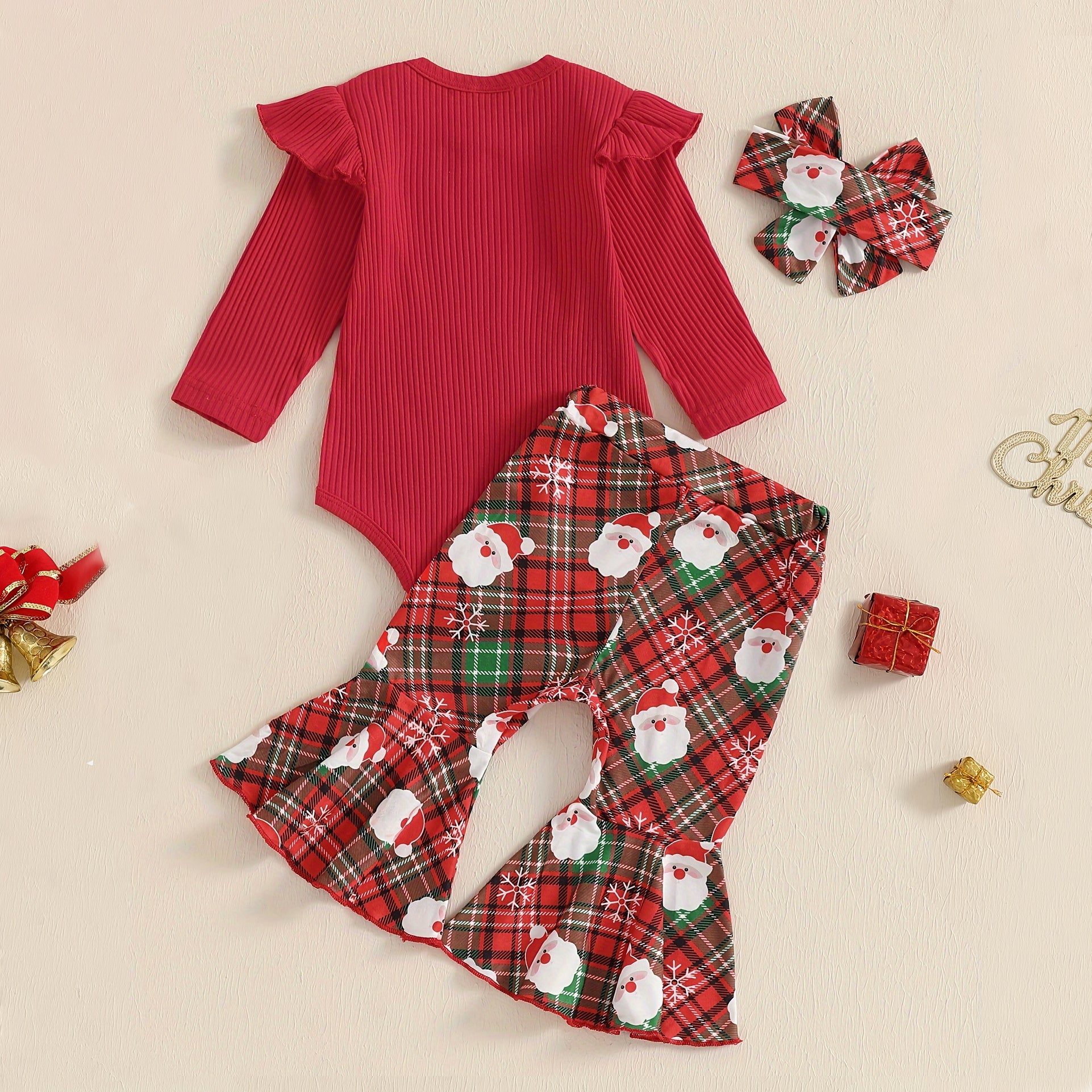 3PCS My First Christmas Letter Santa Claus Plaid Printed Baby Set