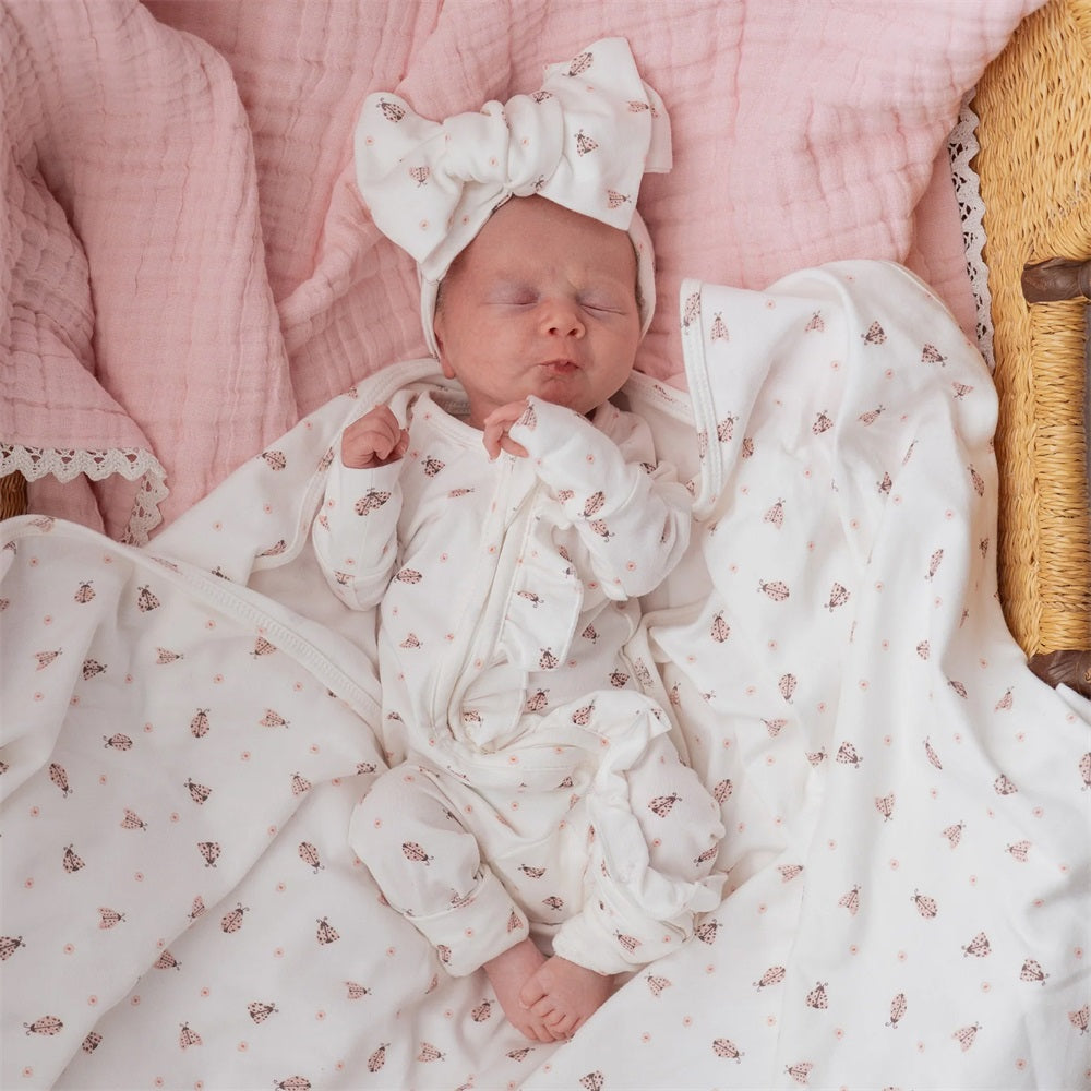 2PCS Cute Ladybug Print Ruffle Long Sleeve Baby Jumpsuit