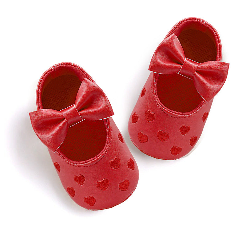Embroidered Heart Bow Soft Sole Baby Prewalker Shoes