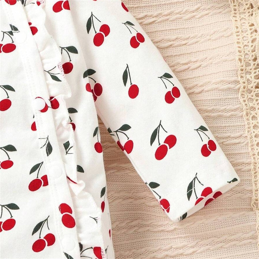 2PCS Delightful Cherry Printed Long Sleeve Baby Jumpsuit